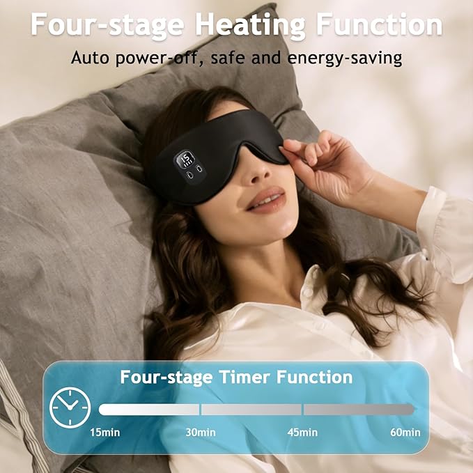 Cordless Heated Eye Mask, Rechargeable Sleep Mask with 4 Heat Levels, Timer, Light Blocking Design, Washable Cover, Soft Eye Mask for Daily Relaxation
