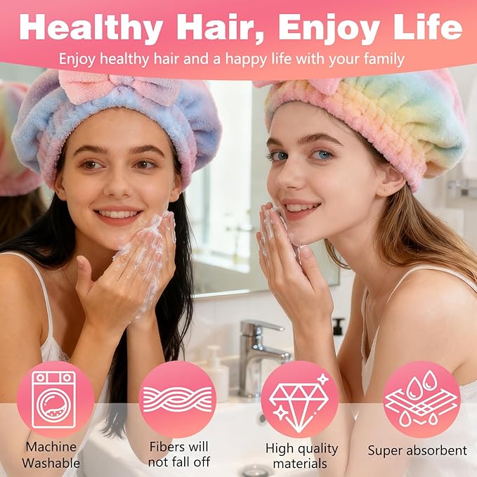 2PCS Super Absorbent Hair Towel Wrap for Wet Hair,Microfiber Hair Drying with Caps Bow Design,2026 New Fast Drying Hair Turban Wrap Towels Shower Cap for Girls and Women(Gradient Green)