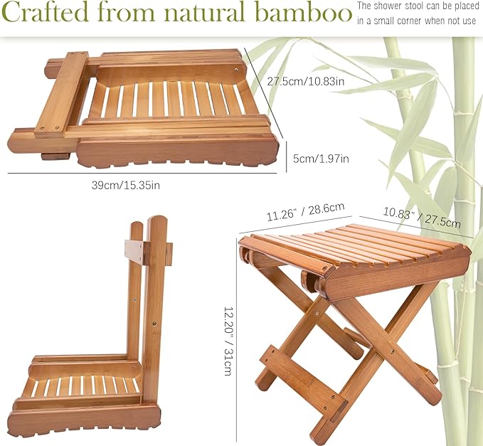Folding Bamboo Stool for Shower, Leg Shaving and Foot Rest, Natural Bamboo Folding Stool, Folding Bamboo Shower Seat, Fully Assembled, 12 Inch High