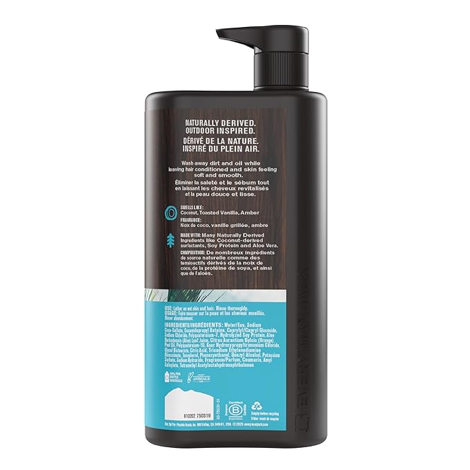 Every Man Jack Men’s 3-in-1 All Over Wash for All Skin and Hair Types - Cleanse and Nourish Skin, Hair with Naturally Derived Soy Proteins, Aloe - Coconut + Driftwood Scent - 28.8 fl. oz - 2 Pack