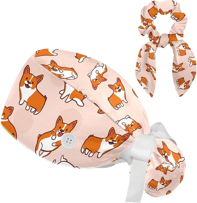 Adjustable Brown Dachshund Dog Blue Surgical Scrub Cap with Button,Sweatband for Women with Bow Hair Scrunchy