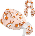 Adjustable Brown Dachshund Dog Blue Surgical Scrub Cap with Button,Sweatband for Women with Bow Hair Scrunchy