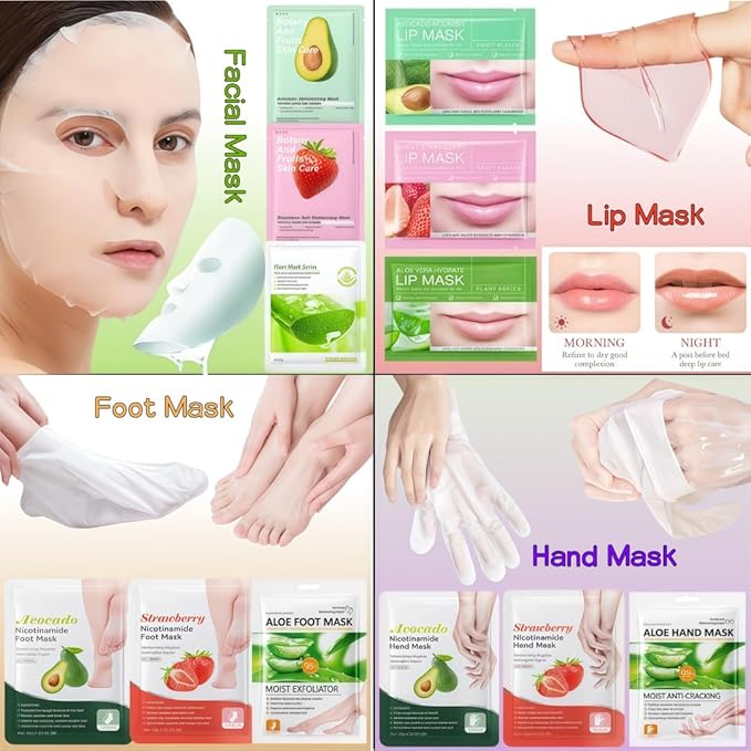 12PC Natural At-Home Spa Skincare Kit | Strawberry Aloe Vera Avocado Face Hand Foot Lip Mask Set | Hydrating Nourishing for Dry/Dehydrated Skin | Gentle Daily Care & Holiday Gift Favors for Women