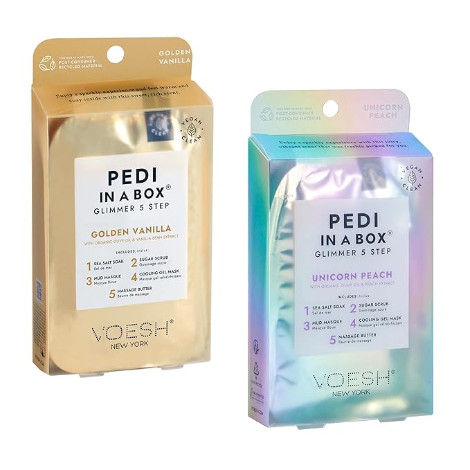 VOESH Pedi in a Box Glimmer - 2 Packs, Variety Pack, Pedi in a Box, Spa Pedicure Kit, Sparkly Pedicure, DIY Pedi, Foot Care, At-Home Pedi Products, Vegan Skincare