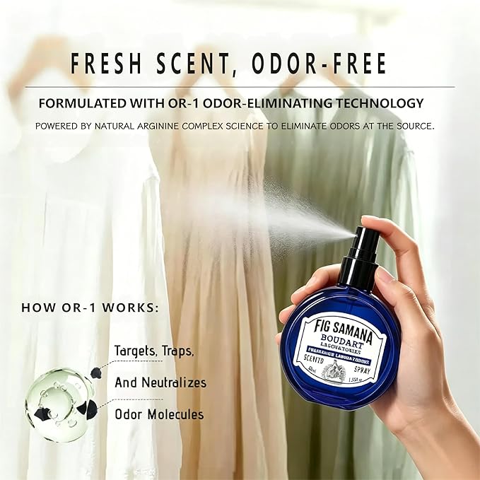 Travel Fabric Refresher Spray – Odor Eliminator & Wrinkle Release, TSA Approved 40ml for Gym Hotel Office Clothes Sofa Curtains, Fig Samana Scent – Boudart Labs
