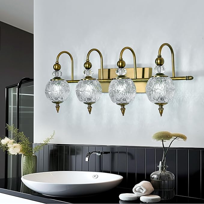 Piepooye Vintage Bathroom Light Fixtures Gold Vanity Light with Glass Globe LampShade 4 Lights Brushed Brass G9 Bulb Wall Sconce Antique Indoor Vanity Light Over Mirror for Kitchen Bedroom Living Room