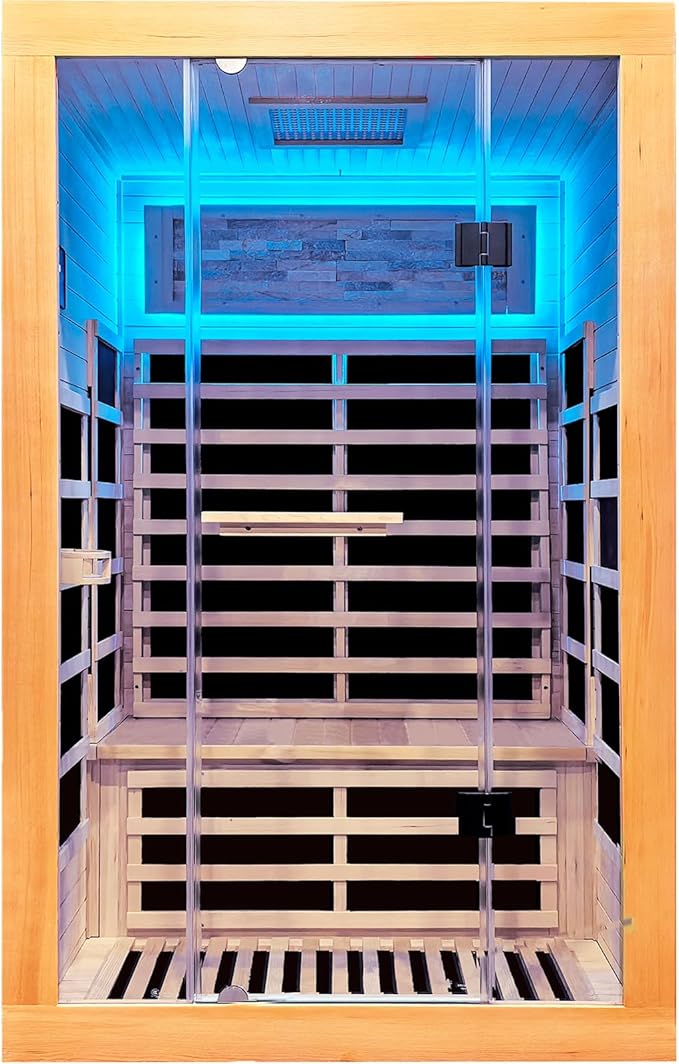 OUTEXER Infrared Sauna 2000W Wooden Saunas Home Spa Room Canadian Hemlock Wood Low-EMF Indoor Saunas with with Red Light Beauty Lamp for Two Person 74.8 * 47.2 * 41.3Inch