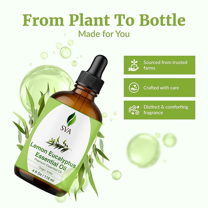 SVA Lemon Eucalyptus Essential Oil – 4 Fl Oz – 100% Natural Citriodora Oil - for Diffuser, Hair Care, Face, Skin Care, Aromatherapy, Scalp and Body Massage, Soap and Candle Making – with Dropper