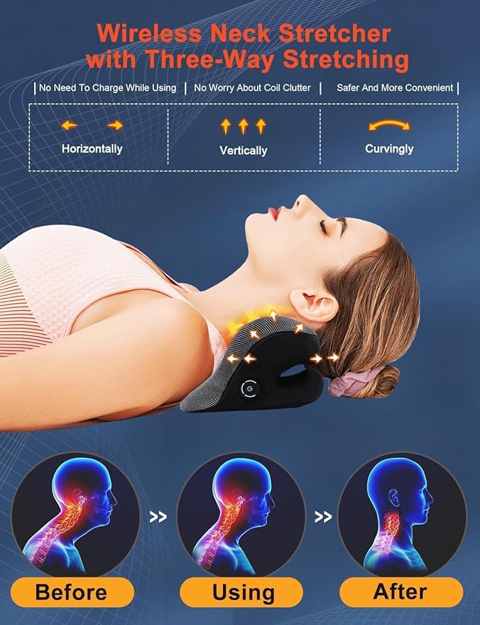 Wireless Heated Neck Stretcher for Pain Relief, Portable Cordless Neck Shoulder Cervical Traction Device with Graphene Heating Pad No Smell Magnetic Therapy Case Relaxer for Spine Alignme