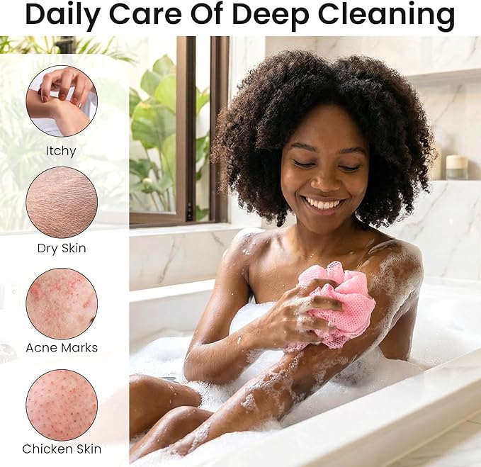 African Net Sponge 2Pcs Authentic Exfoliating Body Scrubber Long Net Bath Sponge Loofah Back Scrubber for Shower All Body Skin Nylon (Purple, Pink)