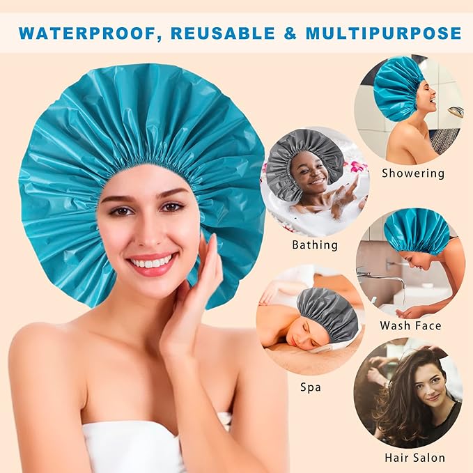 Jumbo Size Shower Cap 2 PCS Waterproof Shower Caps for Women, Extra Large Shower Cap, Reusable Super Large Bath Caps Hair Cap for Long Thick Curly Hair, Locs, Twist Braids - Grey+Blue-Green