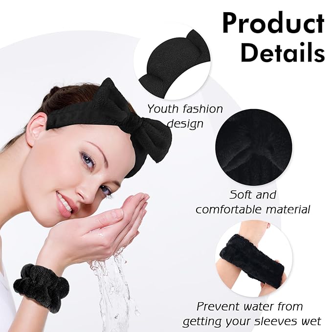 Zkptops 6Pcs Spa Headband for Washing Face Wristbands Set Women Bubble Makeup Sponge Terry Cloth Padded Puffy Skincare Headband Bow Tie Hairband Cute Non Slip Thick Hair Accessory Gifts(Black)
