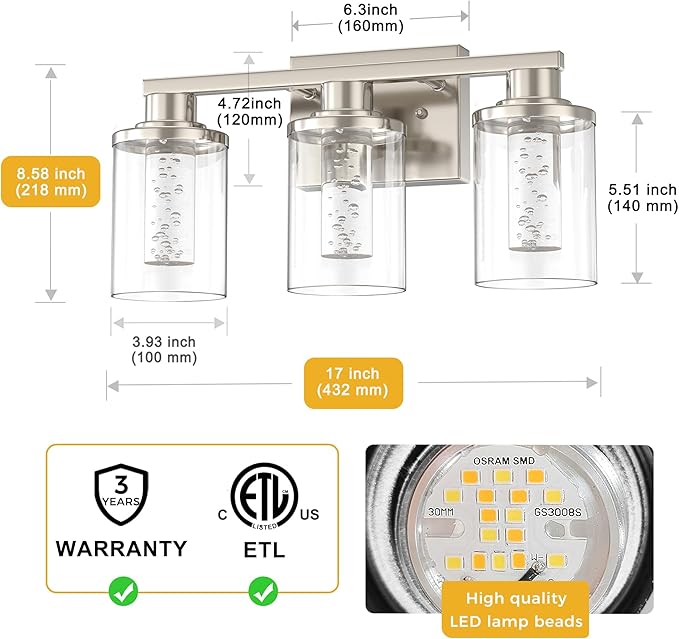 L LOHAS LED 3-Light Brushed Nickel Bathroom Light Fixtures, Crystal LED Bathroom Vanity Lights with Clear Glass Shade, 5CCT Dimmable Vanity Lights for Living Room Hallway with Remote Control