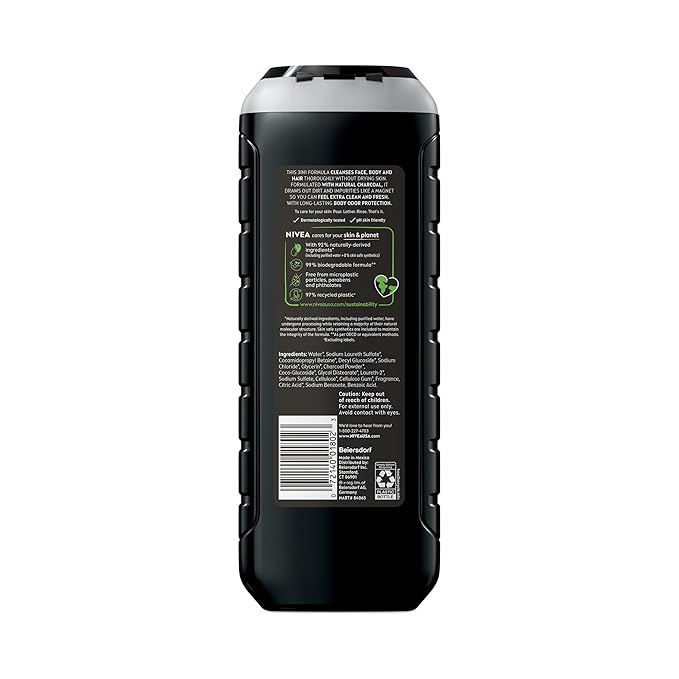 NIVEA MEN Real Madrid Limited Edition Design Active Clean Body Wash with Natural Charcoal for Normal to Oily Skin, 3-in-1 Charcoal Body Wash, Face and Hair, 16.9 Fl Oz Bottle, Pack of 3