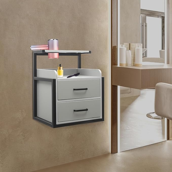 Salon Cabinet, Salon Storage Organizer with 2 Drawers, 110.23Lbs Load Capacity Salon Wall Cabinet, Hanging Styling Station Equipment for Spa, Barber Store, Locker Room, Bathroom (Black＋Grey)