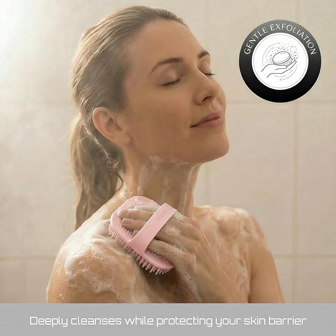 Silicone Body Scrubber for Shower - Exfoliating Body Brush with Non-Slip Grip - Durable Loofah Alternative - Soft Bristles for Gentle Cleansing, High Lather & Quick Drying, Pink
