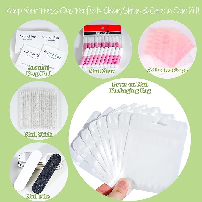 Press On Nail Tool Kit with Everything, Bebbtiy Press On Nail Prep Tool Kit Disposable Manicure Kit with Nail File, Nail Glue, Prep Pads, Adhesive Nail Tabs, Wood Stick, Packaging Bag (50pcs-white)
