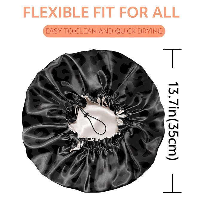 Shower Cap Reusable Double Layer Adjustable Elastic Waterproof EVA Hair Bath Caps for Women Girls Cute Aesthetic-Black Leopard