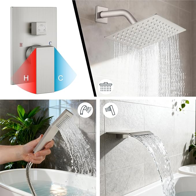 Midanya Shower System with Tub Spout,Bathtub Shower Faucet Set with Square Rainfall Head and Handheld Sprayer Wall Mount Tub Faucet Set with Valve and Trim Kit,8 Inch Brushed Nickel