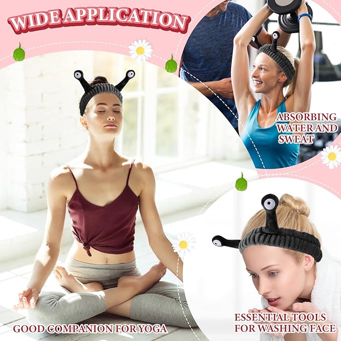 WLLHYF Spa Headband Facial Makeup Head Band Microfiber Soft Coral Fleece Head Wraps Snail Cartoon Cute Hair Accessories Elastic Skincare Hair Band for Women Girls Washing Face Beauty (Black)