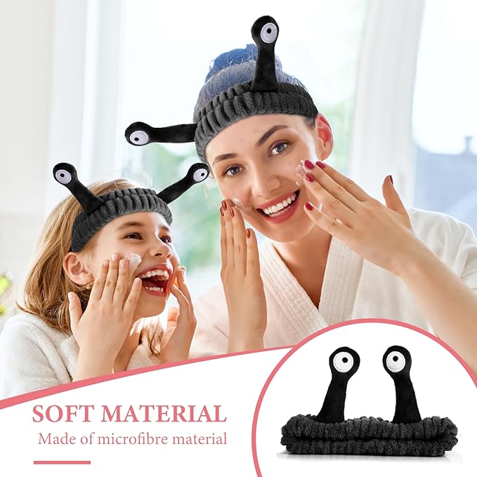 WLLHYF Spa Headband Facial Makeup Head Band Microfiber Soft Coral Fleece Head Wraps Snail Cartoon Cute Hair Accessories Elastic Skincare Hair Band for Women Girls Washing Face Beauty (Black)