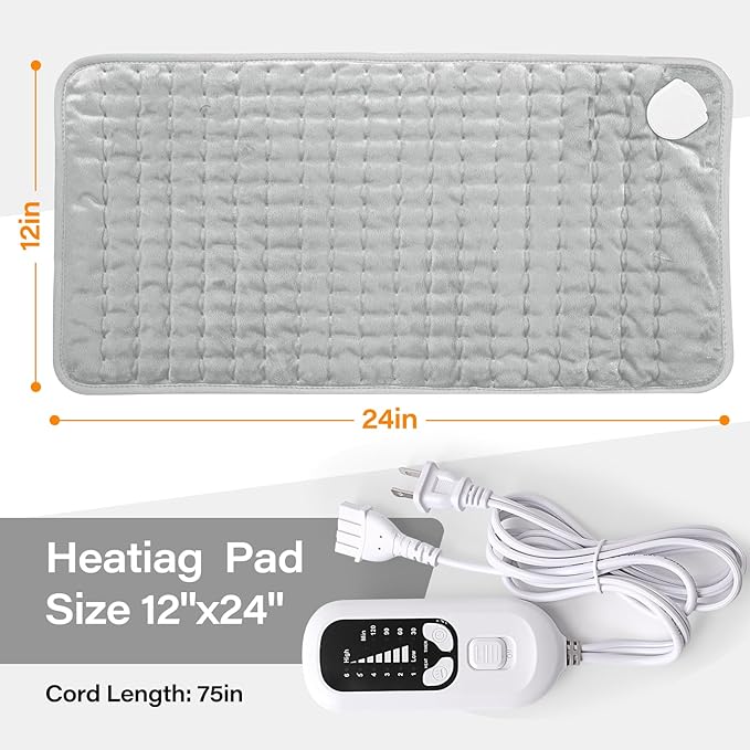 Deepsoon Heating Pad,Electric Heating Pads for Back,Neck,Moist Heating Pad for Abdomen Shoulder Knee Legs,Dry/Moist Heat&Auto Shut Off,Mother's Day Birthday for Men and Women,White Gray,24x12 Inch
