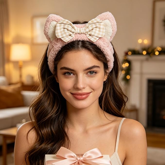 PERFECTSIGHT Kawaii Headband for Spa, Makeup, Washing Face, Party - 2 Pack Cute Cat Ear Hair Band for Shower Beauty Skincare, Soft Facial Headbands for Girls and Women (White+Pink Bow)