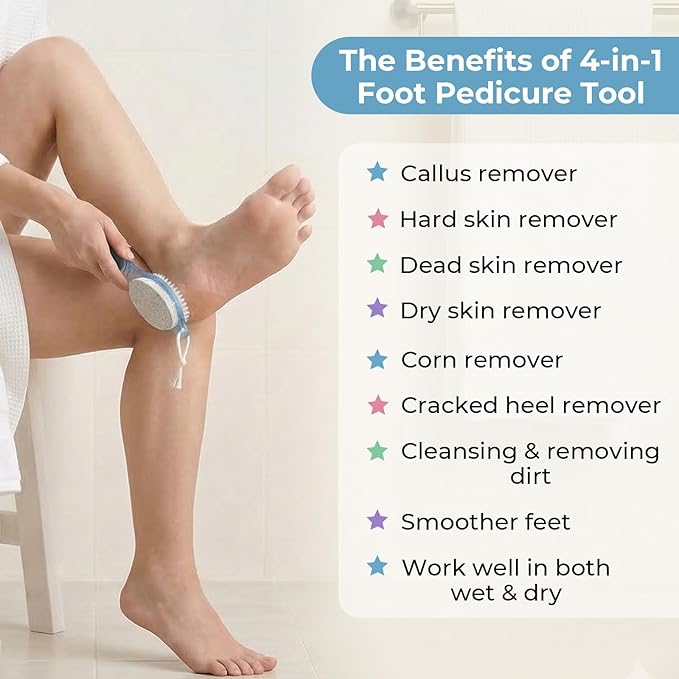4PCS Foot Scrub Brush, 4 in 1 Foot Scrubber Brush for Shower with Pumice Stone Foot Rasp & Sandpaper, Multi Purpose Pedicure Brush for Feet