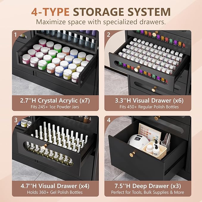 OmySalon Nail Polish Organizer Cabinet with Drawers, 47.2" L Large Nail Salon Storage for Polish & Powder, 7 Clear & 10 Visual Drawers, Wooden Beauty Salon Furniture (Black)