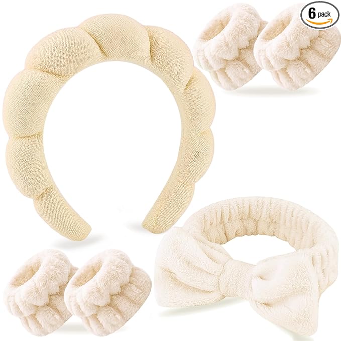 Zkptops 6Pcs Spa Headband for Washing Face Wristbands Set Women Bubble Makeup Sponge Terry Cloth Padded Puffy Skincare Headband Bow Tie Hairband Cute Non Slip Thick Hair Accessory Gifts (Beige)