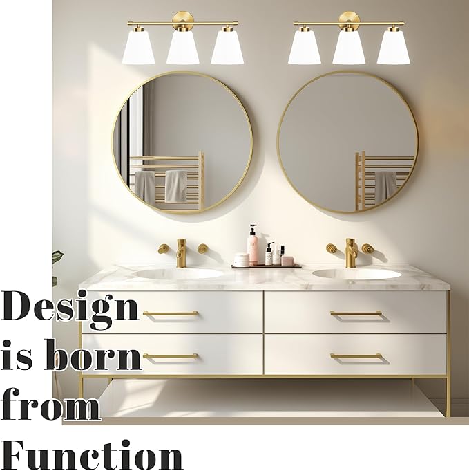 Hamilyeah Gold Bathroom Vanity Light Fixtures Over Mirror, 3 Light Vanity Lights with Frosted Glass, Industrial Vanity Lighting Fixtures for Bath, Restroom