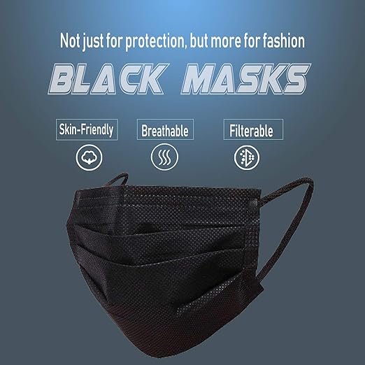 Wecolor 100 Disposable Face Masks for Adults, Outdoor, Airport, Farm, Garden, Non-Woven Fabric and Meltblown Fabric, Soft, Comfortable Face Mask, Anti-Fog, Wide Earbands - Black
