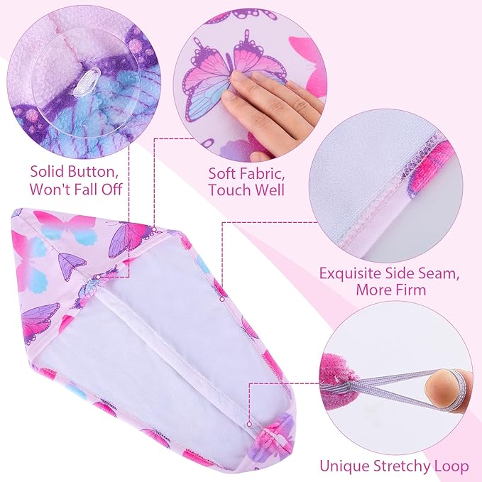 FIOBEE Microfiber Hair Towel Wrap for Kid Rapid Drying Towel Absorbent Hair Turbans for Wet Hair with Button Women Girls Long Curly Hair Pack of 2, Butterfly
