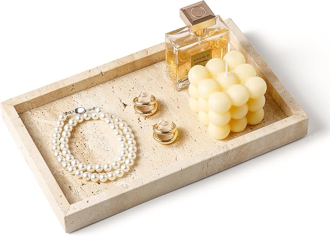 WORHE Italy Travertine Stone Vanity Tray for Jewelry, Perfume, Makeup, Candle,Natural Marble Decorative Trays for Bathroom Dresser Rectangle Kitchen Storage Organizer for Home Decor Beige (WH020)