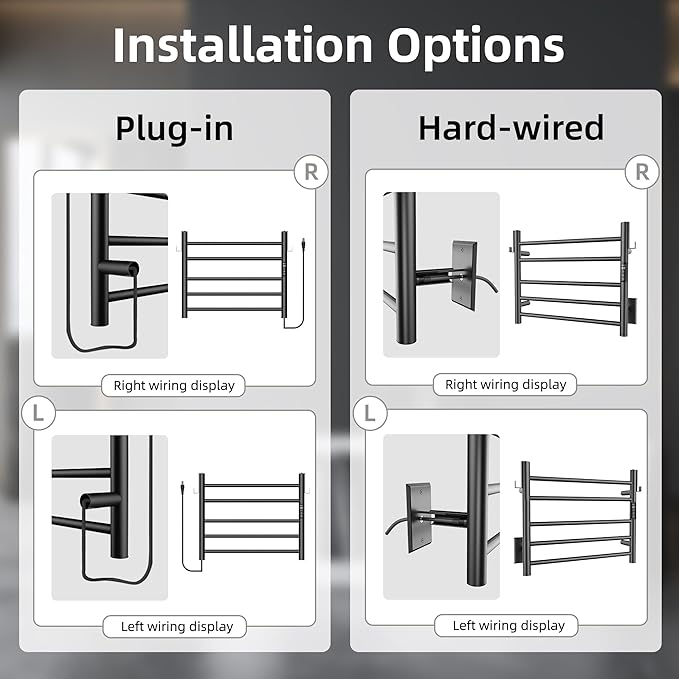 P&Dlusir Towel Warmer, Heated Towel Rack with Smart Timer and Thermo Control, Wall-Mounted Heated Towel Rail, Stainless Steel, Hard-Wired/Plug-in, Matte Black, 5 bar
