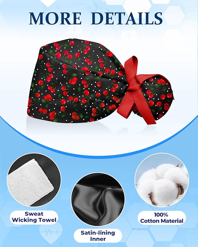 Plifal 100% Cotton Scrub Cap with Buttons-Nurse Cap with Sweatband for Women, Adjustable Working Hat,Satin Lined or Unlined
