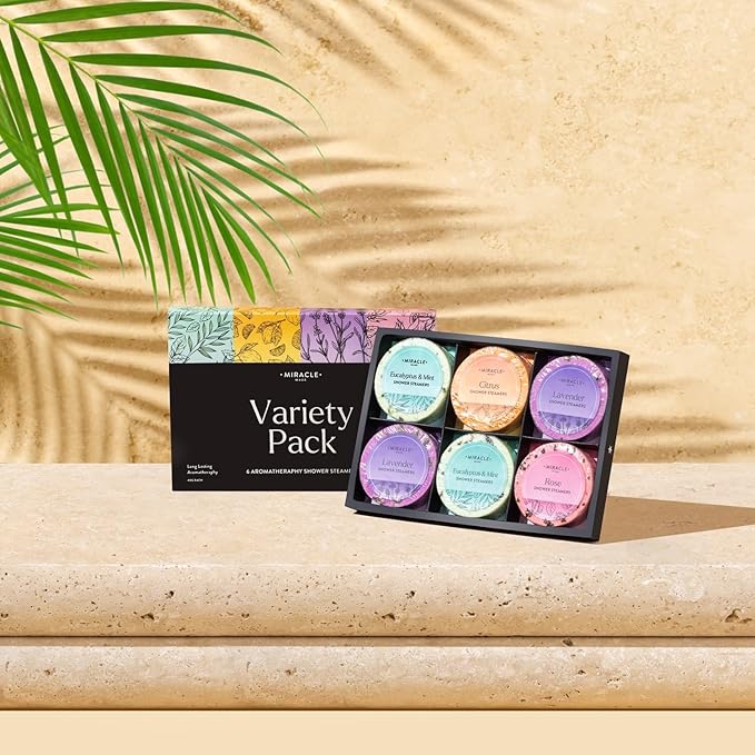 Miracle Made Aromatherapy Shower Steamers Variety Pack – Essential Oil Scented Shower Bombs for Relaxing, Refreshing Self-Care – 6 Shower Melt Tablets with Dried Flowers
