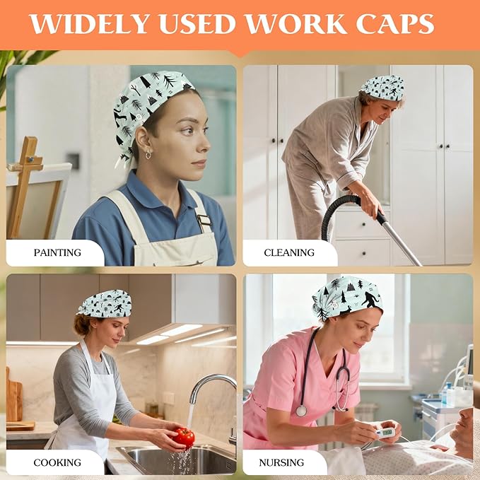 Adjustable Scrub Cap with Buttons & Sweatband, Working Hat with Elastic Tie Back, Unisex Nurse Surgical Caps for Women & Men