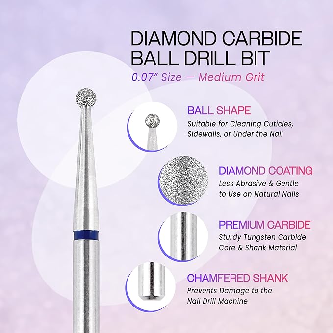 PANA 3/32" Diamond Carbide Ball Bit- Style 01, Medium Grit - Professional Cuticle Nail Drill Bits for Acrylic Gel Nails Dry Manicure Pedicure Shape Remove Tools