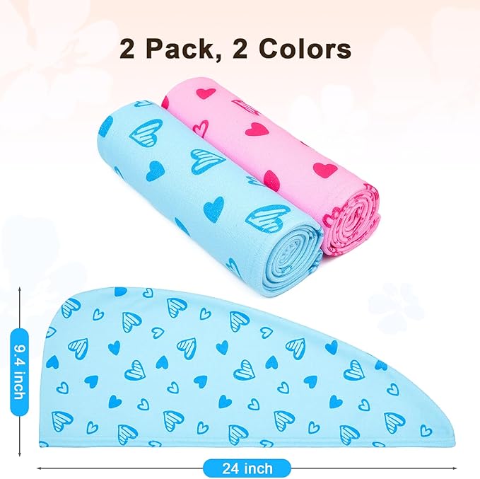 Unicorn Castle Microfiber Hair Towel for Kids 2Pack Hair Wrap Towels Absorbent Hair Drying Towel Wrap Hair Turbans for Curly Thick Hair,Pink Blue Heart