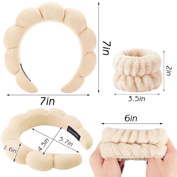 Zkptops 6Pcs Spa Headband for Washing Face Wristbands Set Women Bubble Makeup Sponge Terry Cloth Padded Puffy Skincare Headband Bow Tie Hairband Cute Non Slip Thick Hair Accessory Gifts (Beige)