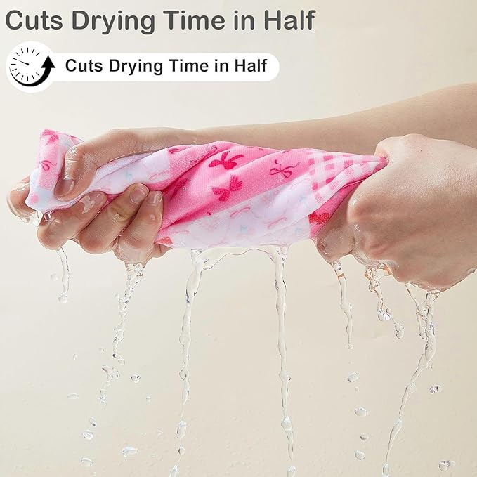 2 Pack Microfiber Hair Towel Wrap for Girls, Quick Dry Hair Turban for Kids, Absorbent Frizz-Free Hair Drying Towel with Button for Long Thick Curly Hair, Pink Flowers