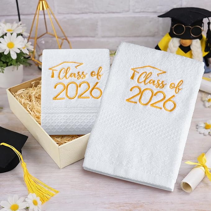 MASHAN Class of 2026 Graduation Hand Towels 3 Pack,100% Cotton Soft Absorbent Bathroom Towels,Senior 2026 Graduation Gift for Girls Boys,Gold Decorative Towels 14x30 Inch