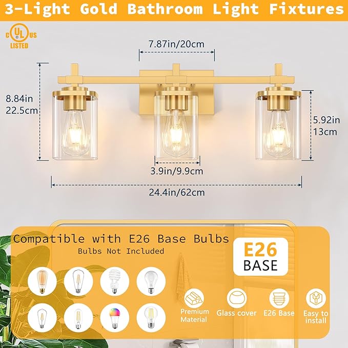 3-Lights Gold Bathroom Light Fixtures, Bathroom Vanity Light Over Mirror, Brushed Gold Wall Lights with Glass Shades, Indoor Wall Mounted Lamp for Living Room Bedroom Hallway