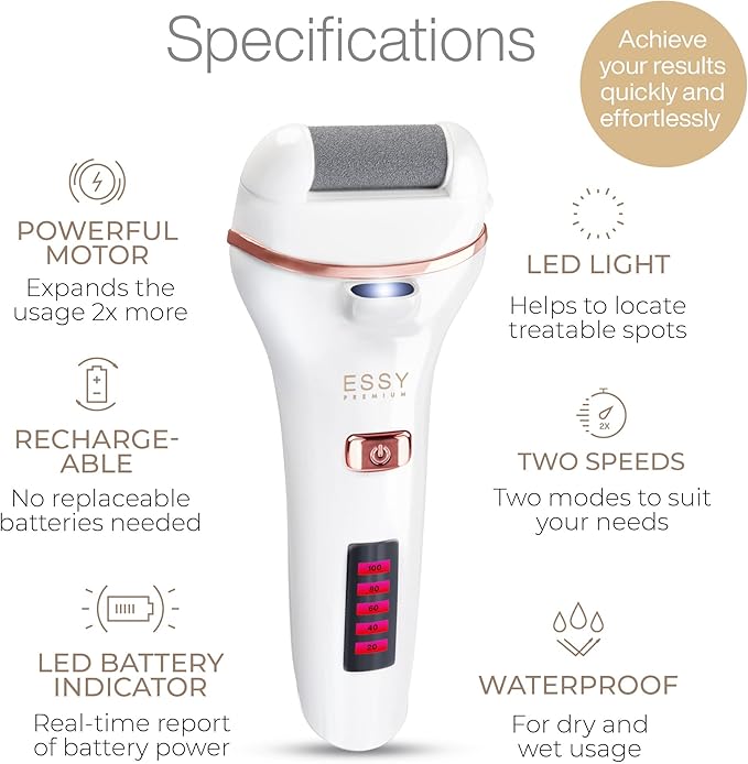 Essy Electric Foot File Hard Skin Remover with 5 Replacement Rollers Foot File Electric Pedicure Sets Cutters Accessories for Dry Dead Hard Skin Feet Callus Remover for Feet Care Exfoliator (White)
