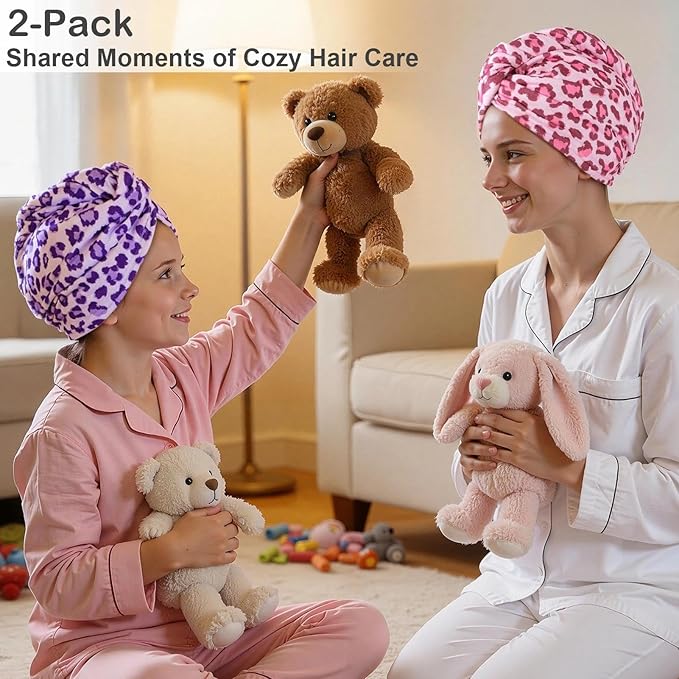 2 Pack Microfiber Hair Towel Wrap for Girls, Quick Dry Hair Turban for Kids, Absorbent Frizz-Free Hair Drying Towel with Button for Long Thick Curly Hair, Purple Pink Leopard