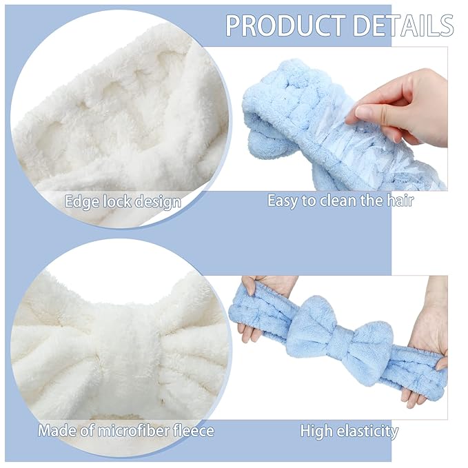 Hicarer 3-Piece Towel Headbands for Women - Microfiber Spa & Sports Headband with Cute Bowtie Design (Light Orange, Blue, White)