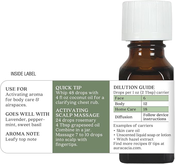 Aura Cacia Rosemary Essential Oil, Pure Rosmarinus Officinalis Oil, Aromatherapy for Skincare, Massage, Hair Care, DIY Blends | 0.5 Fl Oz (Pack of 1)