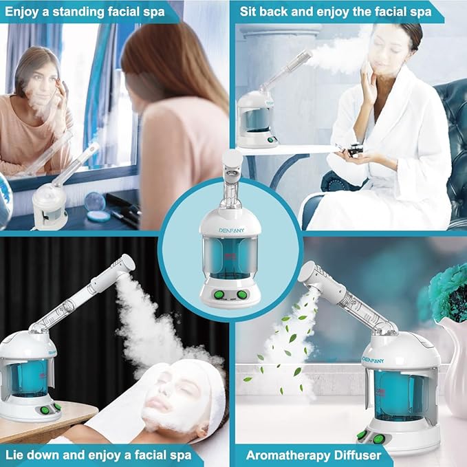 Facial Steamer - DENFANY Nano Ionic Face Steamer with Extendable 360° Rotating Arm - Portable Facial Steamer for Personal Care at Home or Salo (Blue)
