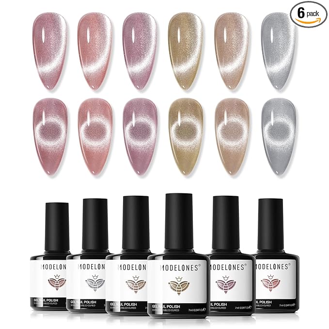 modelones Gel Nail Polish Set, 6 Colors Nude Pink Silver 9D Glassy Cat Eye Glitter Gel Polish Semi-transparent Neutral Brown Nail Polish Soapnails with Magnet Soak Off Led Nail Art DIY Gift